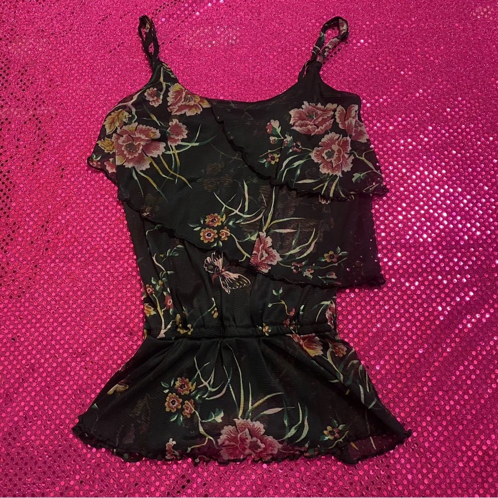 wet seal black sheer with multicolor floral & butterflies top size xs